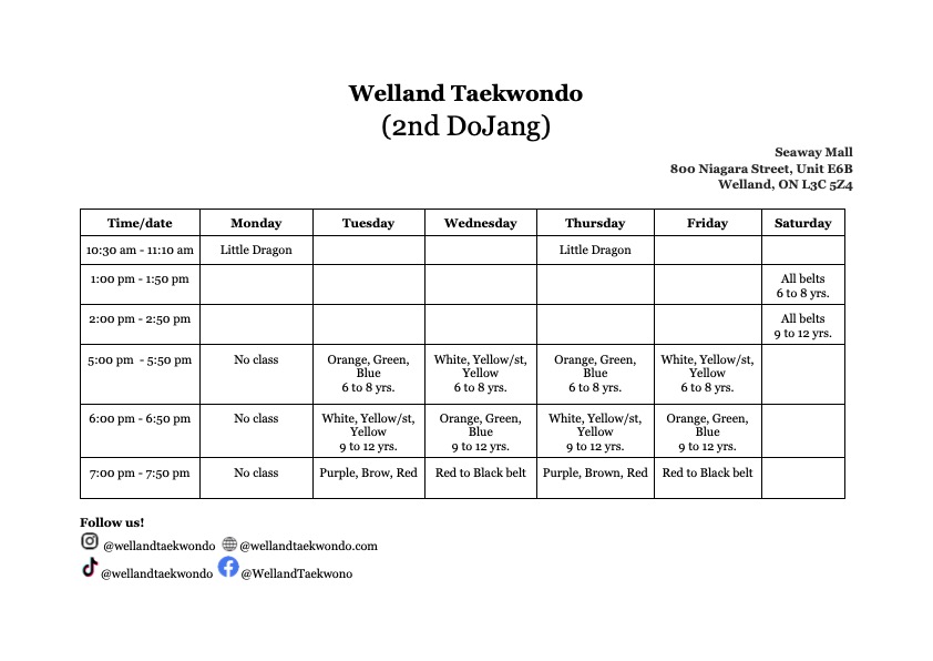 Welland Taekwondo Schedule